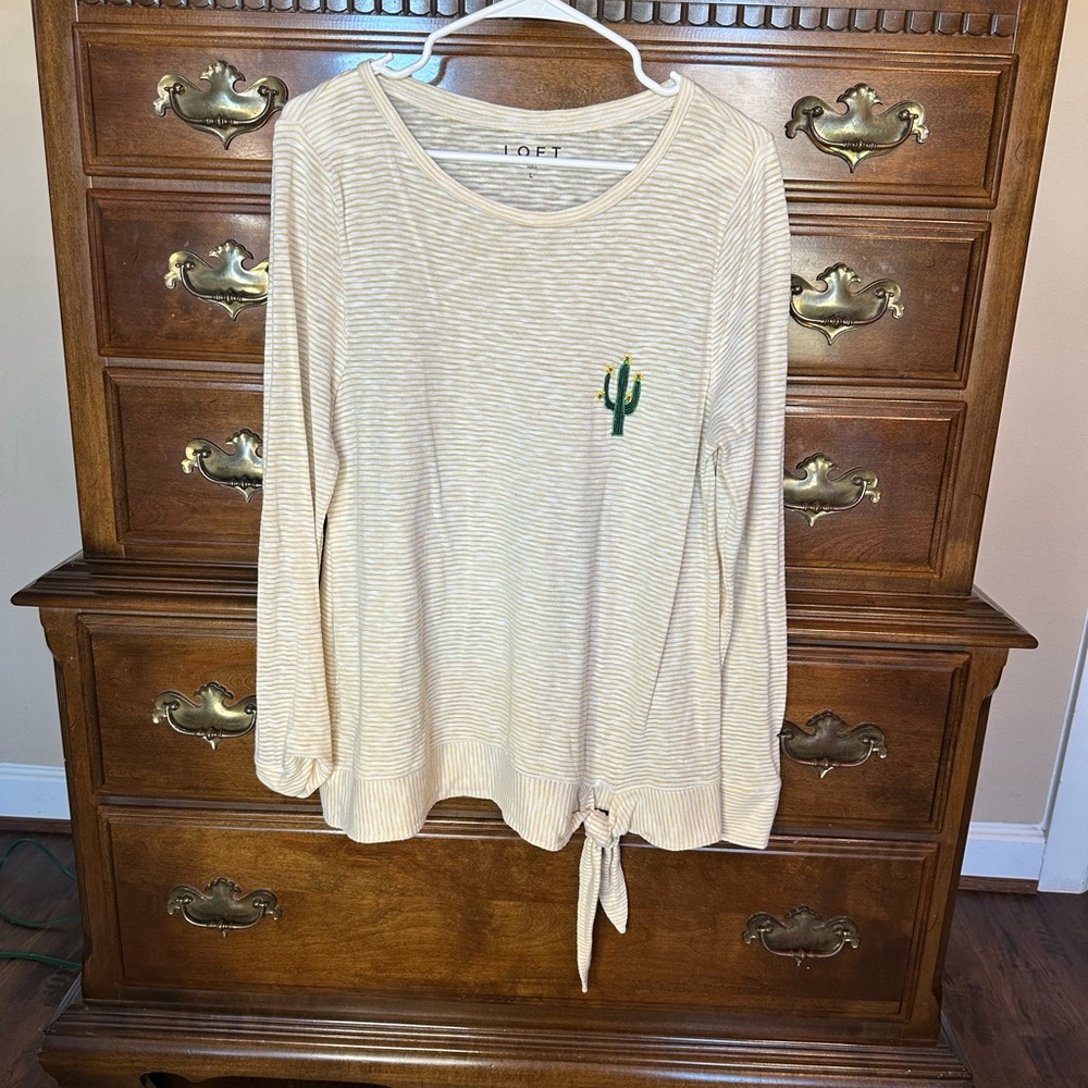Loft Cream Striped Women's Top with Cactus Embroidery